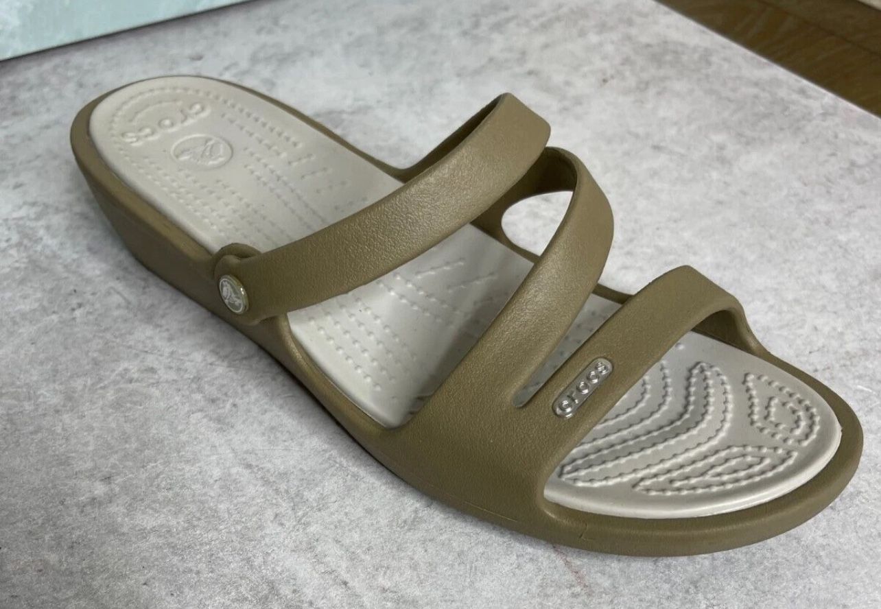 CROCS Patricia Taupe Strappy Wedge Slide Sandal Shoe Womens Size 10