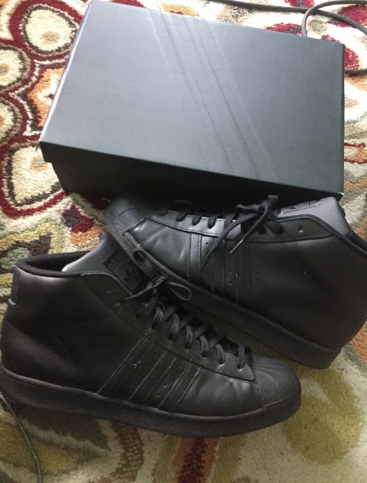 ADIDAS Superstar Pro Model Black Leather Shell Toe Hi Top Shoes Men size 15 RARE DS