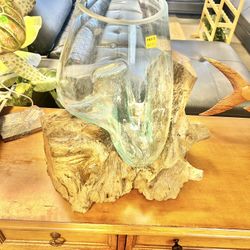 Large Hand blown Glass On Burned Wood 