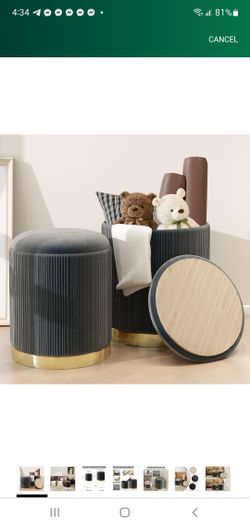 🔥 BRAND NEW Round Storage Ottomans – Gray w/ Gold Trim (Set of 2)