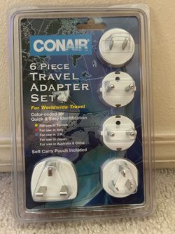 CONAIR 6 PIECE TRAVEL ADAPTER SET For Worldwide Travel Color-coded for Quick & Easy Identification For use in Europe, Italy, U.K., Japan, Australia & 
