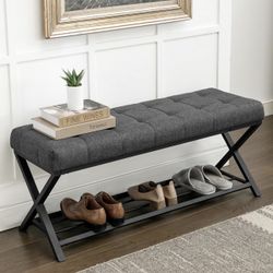 LUE BONA 44.5” End of Bed Bench with Shelf, Linen Tufted Upholstered Storage Shoe Bench, Modern Bedroom Bench with Metal Legs for Living Room, Entrywa
