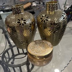 2 Gold Vases And 1 Round Gold Home Decor Items 35 Dollars For All