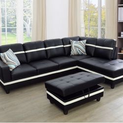 New Black And White Sectional Sofa Leather Couch Include Free Ottoman, And 2 Pillows 