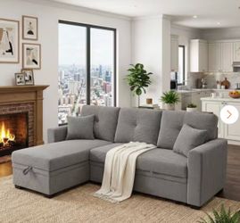 Mary 71 in. Fabric Upholstered L-Shaped Storage Sectional Sofa in Light Gray with Pull-Out Bed, Reversible Chaise