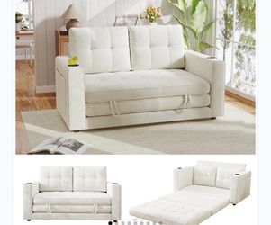 Cream Tufted Sleeper Loveseat with Cup Holders