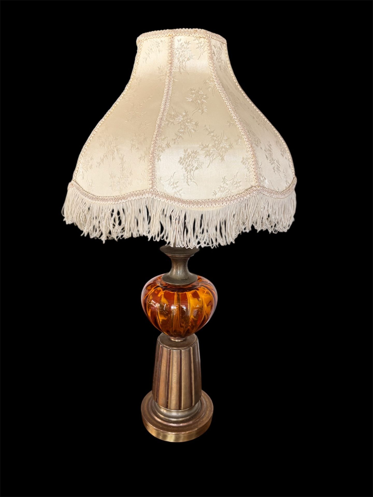 Vintage Amber glass and brass tall table lamp with fringe Victorian shade