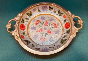 Vintage enamel and brass decorative dish/bowl with floral motifs