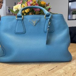 PRADA 2 Way Tote Bag Voyager Light Blue Leather 