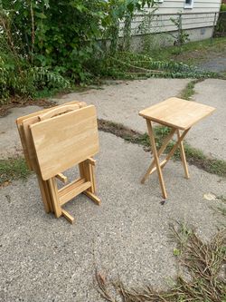 Set of 4 Wooden Folding TV Tray Tables with Stand