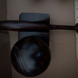 Hand Carved Wooden Baseball, Bat And Stand Vintage