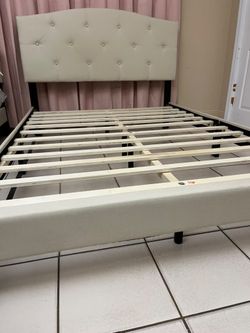 Castle Place Beige Upholstered Full Bed Frame – Excellent Condition