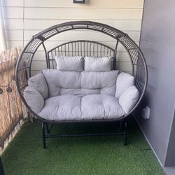 2-Person Glider Egg Chair, Patio Wicker Rocking Egg Loveseat Lounger Chair with Cushions