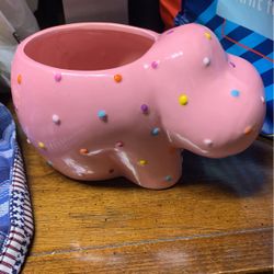 Ceramic Pink Colored Polka Dot Hippo Planter Pot Or Decor- Needs A Quick Clean Up