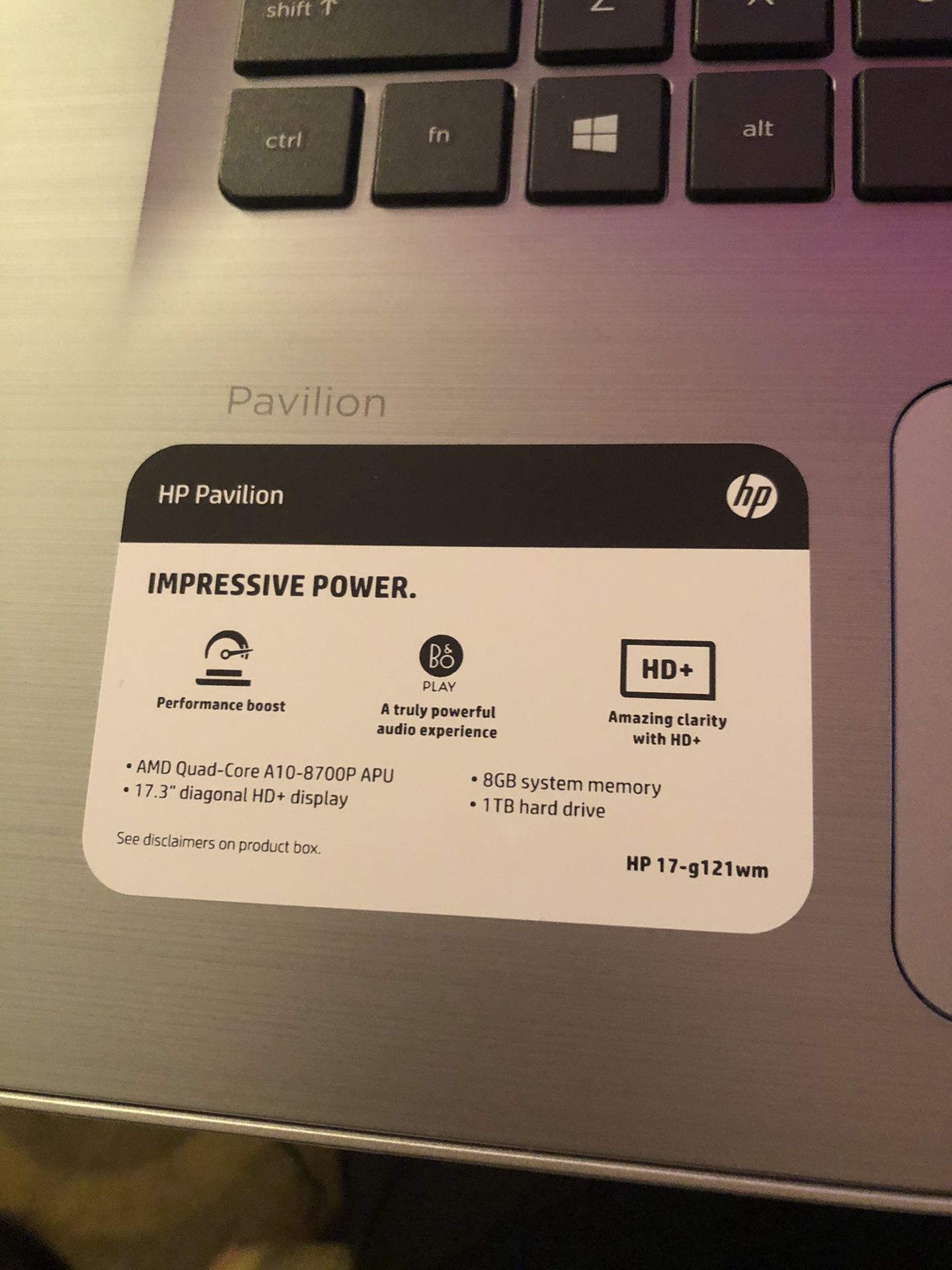17” HP Pavilion laptop NO CHARGER $100