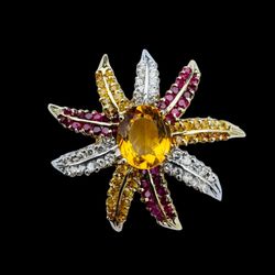 14k Gold Diamond, Ruby, Citrine Brooch