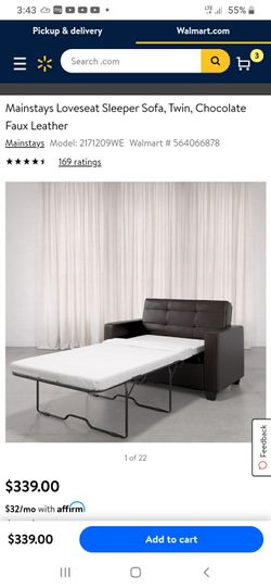 New in box twin LOVESEAT with memory foam mattress included faux brown leather
