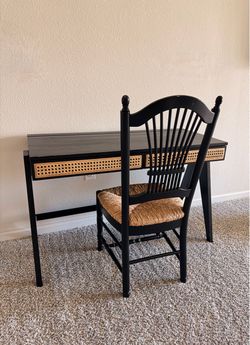 Charcoal Wood and Rattan Cane Desk with Chair