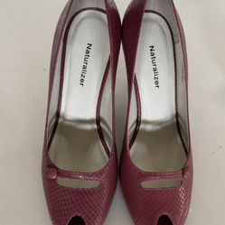 Naturalizer Women 8.5M 3-inch Heels Peep Toe Leather Red Embossed Croc Snake