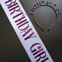 Birthday Girl Crowns Tiara & Sash Set,  White & Purple.