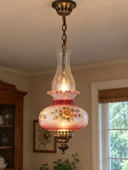 1960s Lawrin Hanging Swag Lamp - Complete Matching Cranberry Glass Set