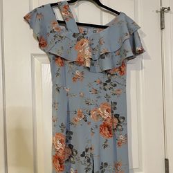 Women’s Title: Medium Size 6 Light Blue Floral Jumpsuit Off Shoulder Ruffle