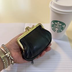 Vintage Women’s Black Leather Gold Plated kiss lock closure Small Wallet Pouch