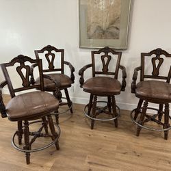 Swivel Bar Stools, Set of 4, Wood, Leather