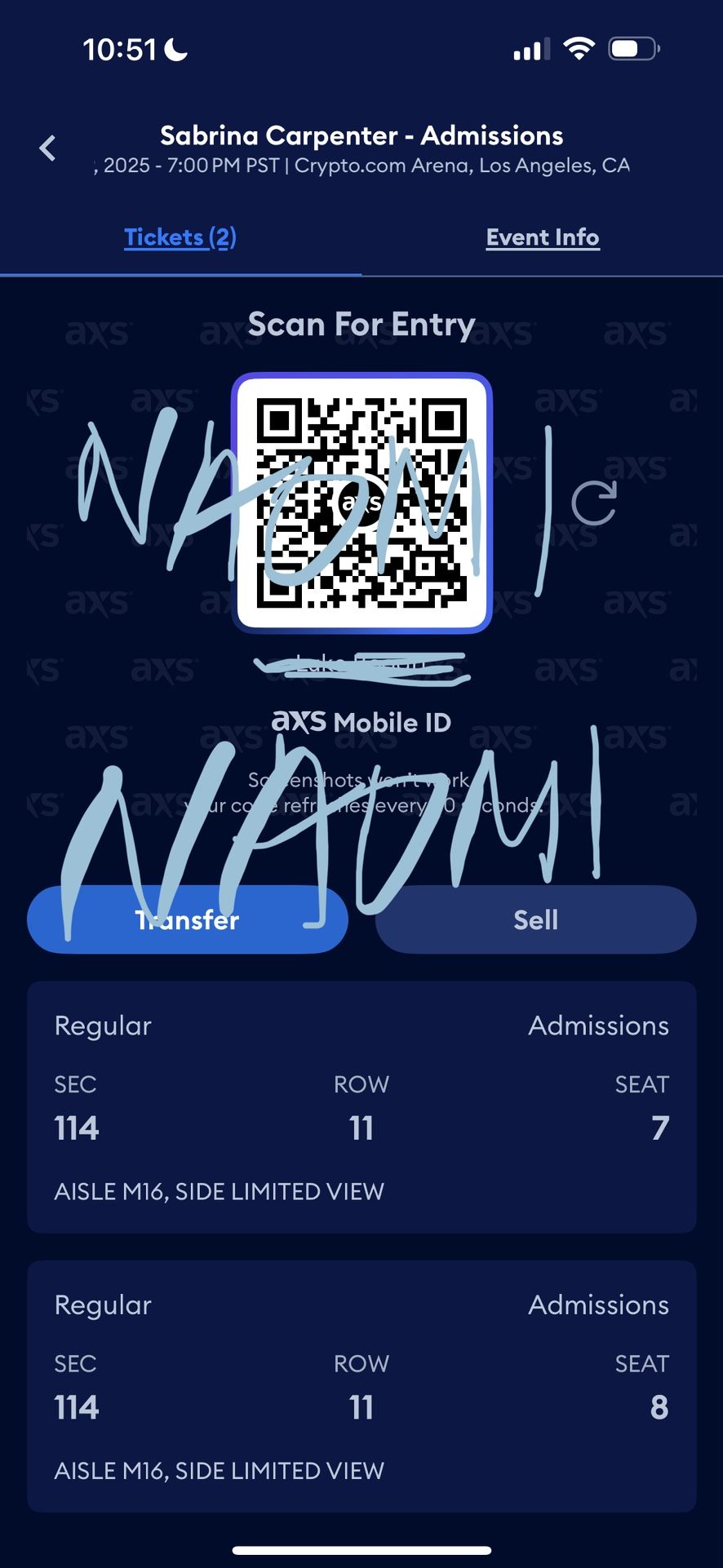 $225 EACH  sabrina carpenter 11/19 section 114, second row from stage 