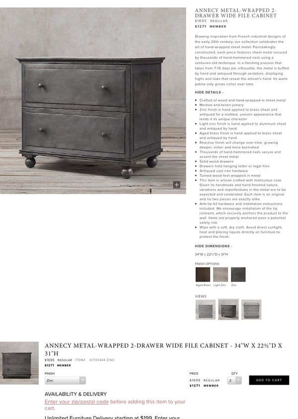 Restoration Hardware 2 Annecy Zinc Finished Metal Wrapped Drawer Open In The Appcontinue To Mobile Website