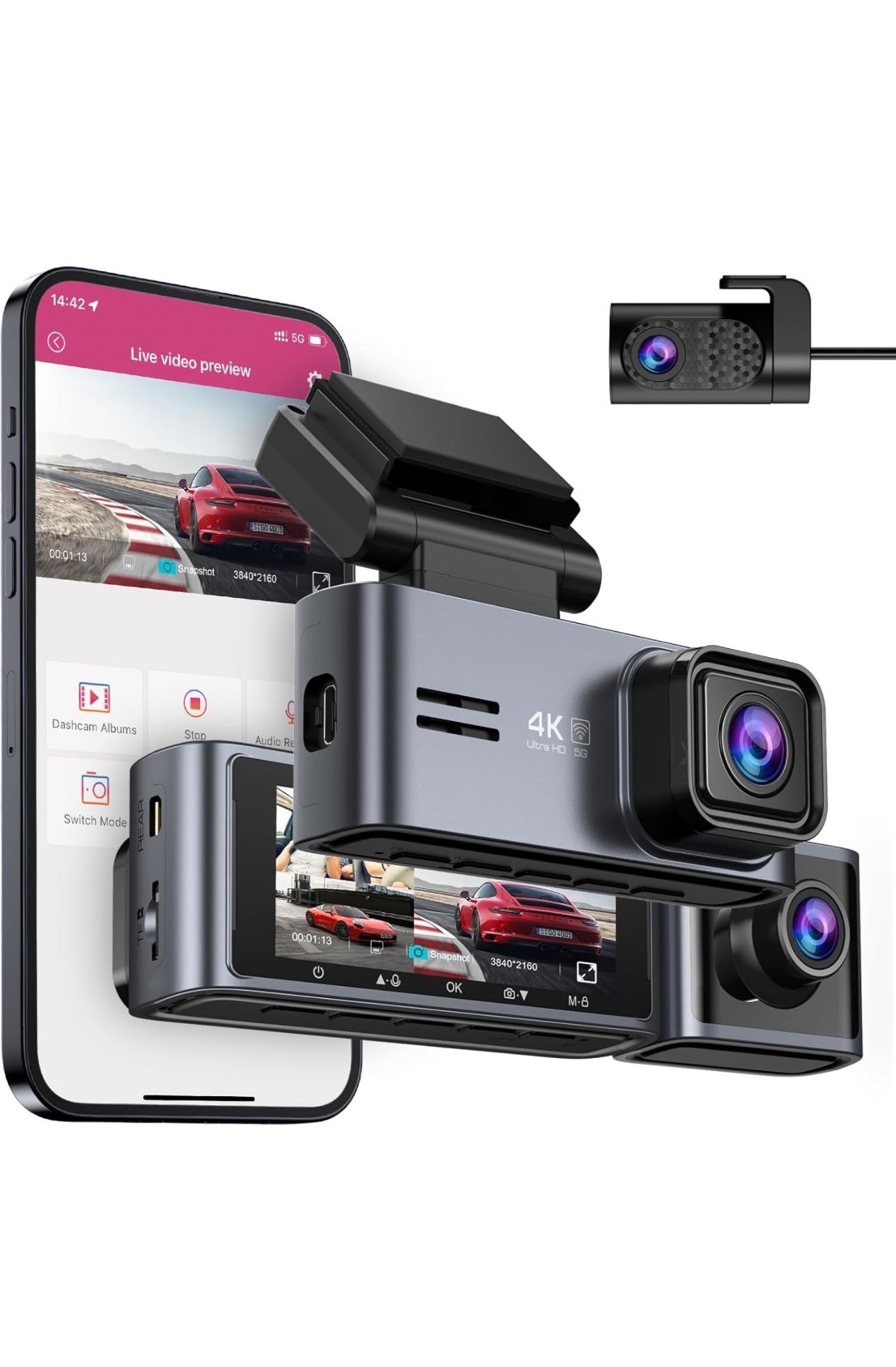 Sarmert M571 Black Portable Wide Angle 4K 5G Front And Rear Dash Camera W