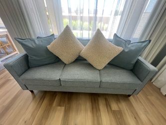 Blue-Gray 3-Seat Sofa with Throw Pillows