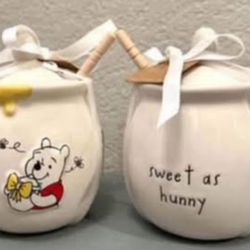 $20 each..  New Rae Dunn  Disney Winnie-the-Pooh collection -  doublesided  SWEET AS HUNNY honey pot 🍯 .  Please pickup in the area of 36th Ave and P