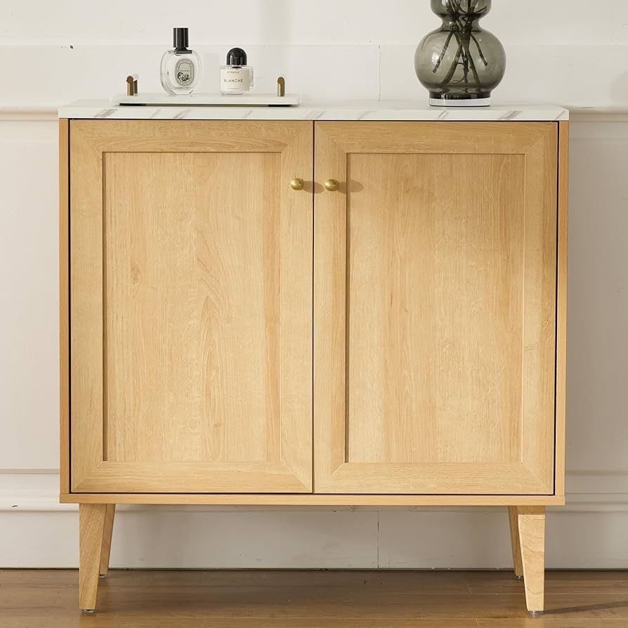 Modern Storage Cabinet Freestanding Accent Cabinet Sideboard Buffet with Faux Marble Top & Adjustable Shelves $120