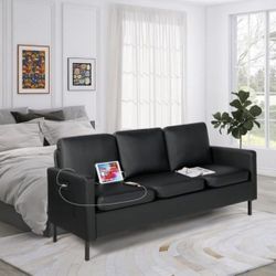 72'' Faux Leather Sofa Couch Comfy 2-Seat Couch w/ 2 USB Charge Ports Black