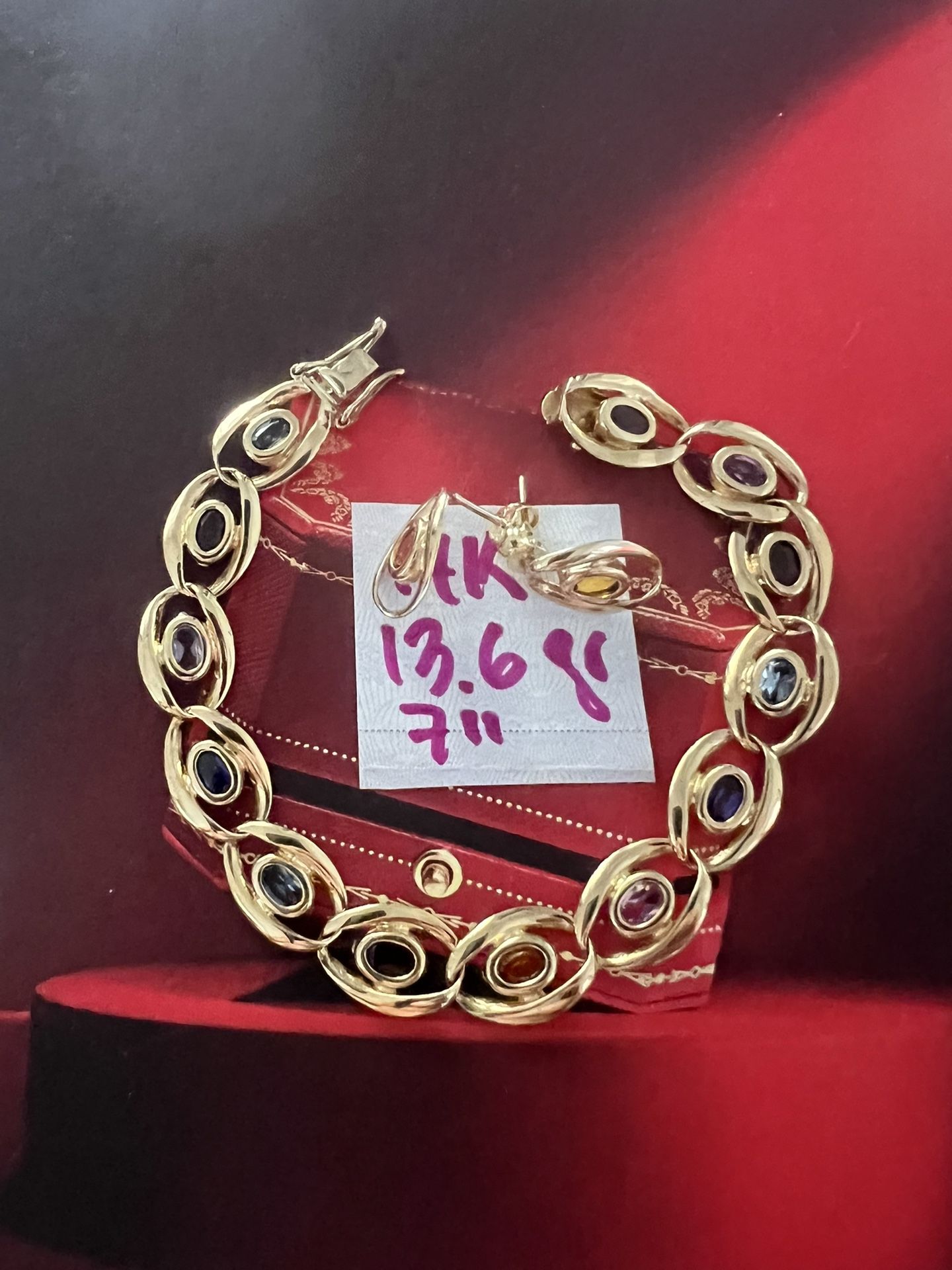 For Wedding Set 14K Solid Gold Bracelet 7 Inches Long and Earring 13.6Gr Total Weight 