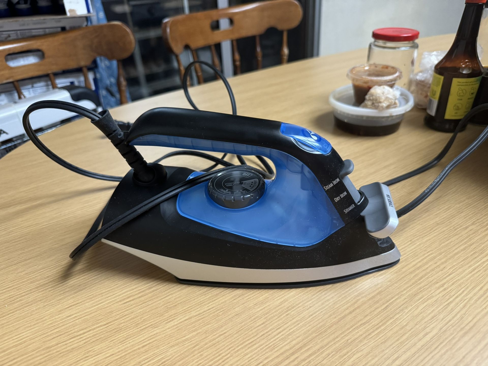 Hamilton Beach 2-in-1 Steam Iron for Clothes and Garment Steamer with 5 Temperature Settings, Nonstick Soleplate, 1200 Watts, 8’ Cord, Black & Blue