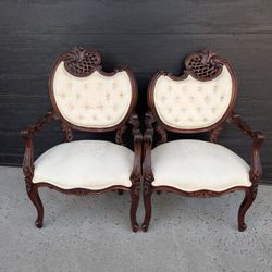 Pair Of Beautiful Vintage Parlor Chairs With Carved Wood Design