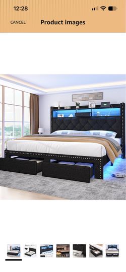 Queen Size Bed Frame, Linen Storage Headboard with LED Light & Charging Station, Upholstered Platform Bed with 2 Storage Drawers, Steel Slats Support,