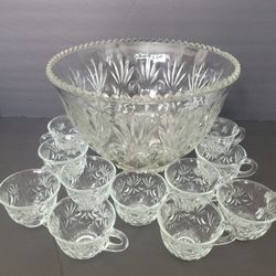 Vintage Hazel Atlas Heritage Thumbprint Pattern Pressed Glass Punch Bowl and 11 Cups