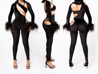 New Women’s Black velour velvet statement Cutout Ostrich Feather-Cuff Jumpsuit