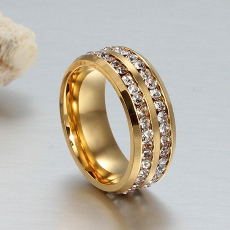 Size 10 Mens And Womens Fashion Wedding Ring Double Rows Rhinestones Titanium