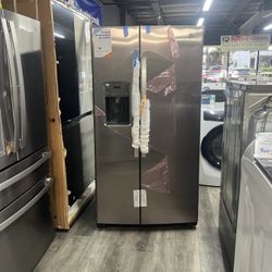 GE - 25.3 cu. ft. Side by Side Refrigerator in Fingerprint Resistant Stainless Steel, Standard Depth