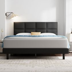 King Bed Frame,GELBIY King Size Platform Bed With Fabric Upholstered Headboard, Black,Easy Assembly