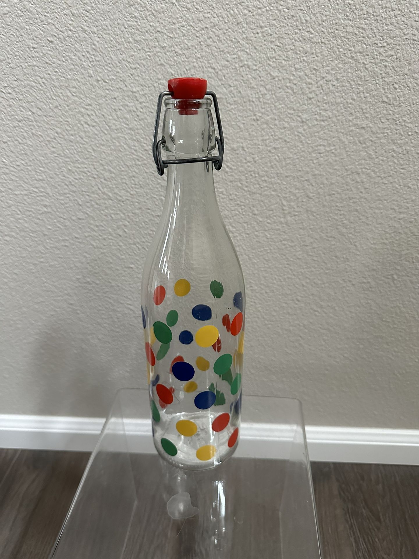 Vintage Cerve Glass Bottle Clear Multicolor Dots Flip Top Lid Stopper Italy