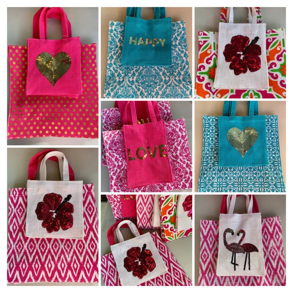 Valentine’s Day Love Happy Gift Set Reusable Decorative Burlap Sequin Bags with Flamingo & Hibiscus Variations