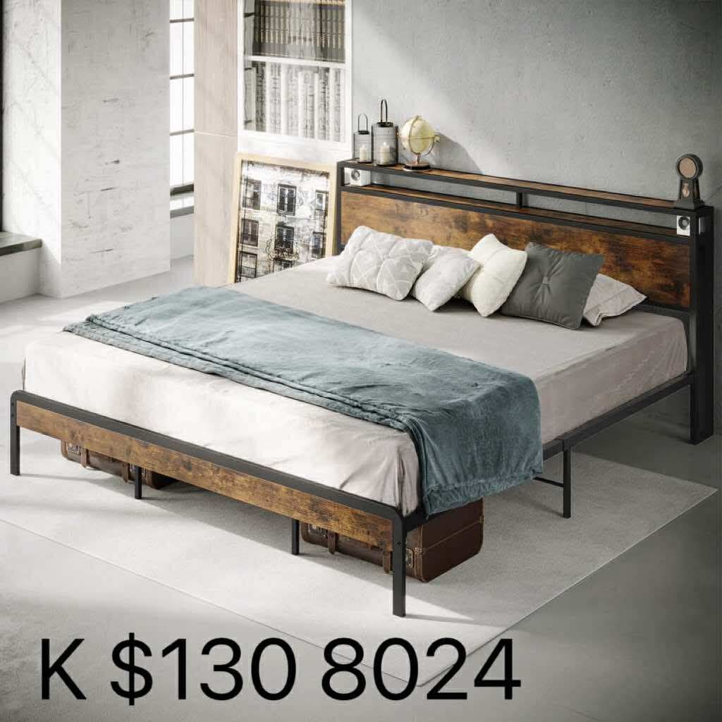 King Size Platform Bed Frame with 2-Tier Storage Headboard in Vintage Brown(8024)