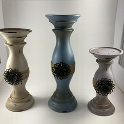 Set of 3 Shabby Chic Distressed Candlestick Holders Pastel Colors Flower Rope Accents Vintage Farmhouse Decor