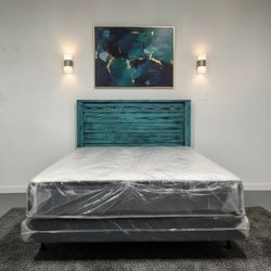 🛏️ Brand New Queen Size Bed   Unique rustic turquoise wood headboard with a matching sturdy frame and comfortable mattress. ✅ Handcrafted finish ✅ Mo