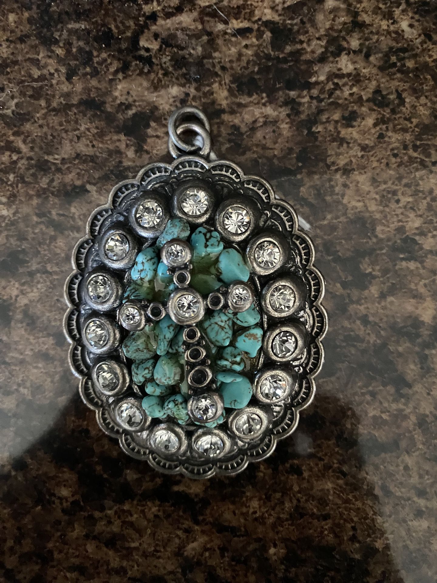 Turquoise & Rhinestones Oval Pendant, Native American Navajo Sterling Silver.